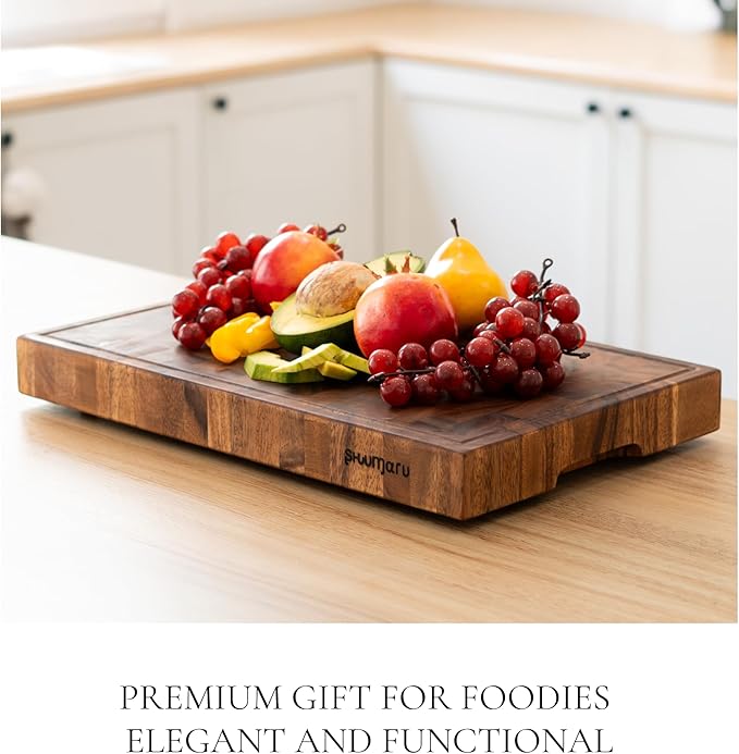 SHUMARU Tropical Walnut End-Grain Wood Cutting Board – 19X12X12" Butcher Block | Handmade in Bali - Silky-Smooth, Juice Groove, Knife‑Friendly, Ergonomic Grips & Non‑Slip Feet
