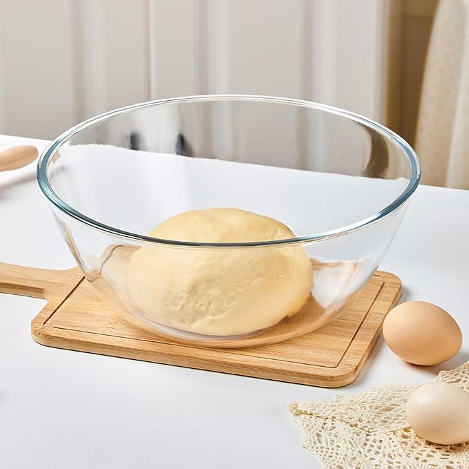 4.7QT Large Glass Mixing Bowl with Lid, Clear Glass Salad Cooking Bowls for Sourdough, Salad and Storage Prepping and Baking Food Storage Set