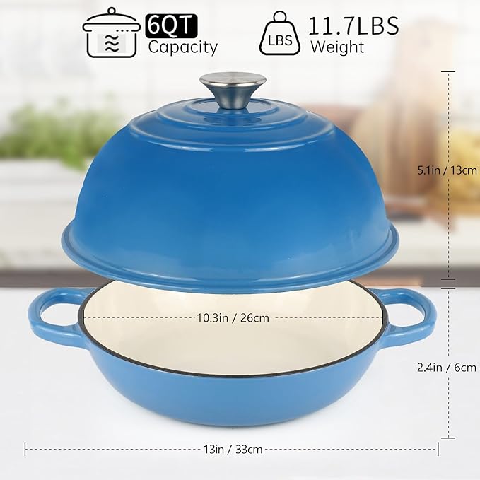 Enameled Cast Iron Bread Oven, Dutch Oven Pot with Lid, 10" Bread Dutch Oven for Sourdough Bread Baking, 6 Quarts Bread Pan with Dome Lid, Non-stick Cookware for Homemade Bread, Blue