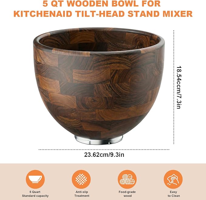Premium Walnut Wood Mixing Bowl Compatible with KitchenAid 4.5 & 5 QT Tilt-Head Models