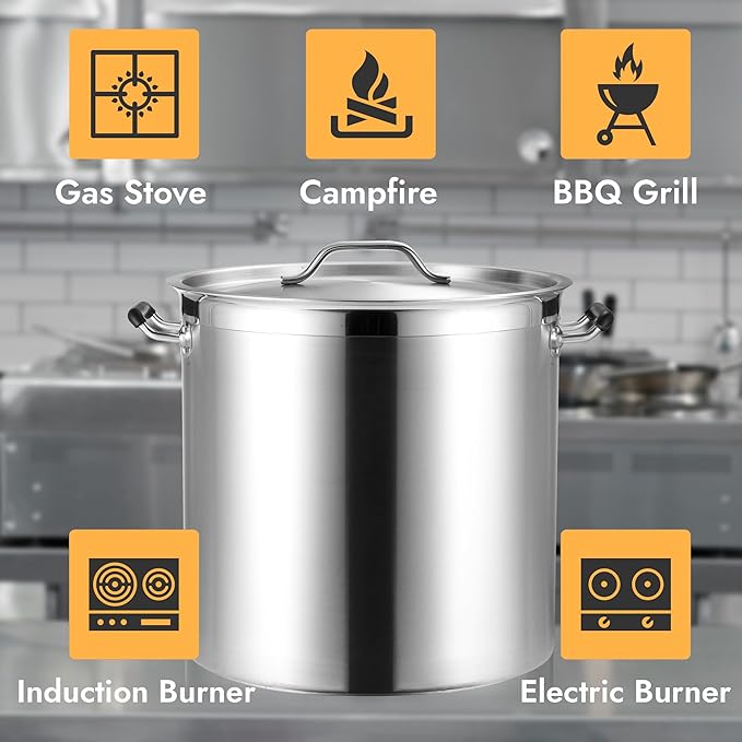 CURTA 50 Quart Large Stock Pot with Lid - Bottom Width 15.7 Inches - NSF Listed 3-Ply Clad Base 18/8 Stainless Steel Commercial Induction Ready Cookware