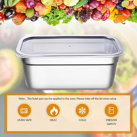 8 Pcs 304 Stainless Steel Food Storage Containers with Lid Hotel Pans for Kitchen Home Catering Food Prep Restaurant Buffet Hotel(4 Inch Deep)