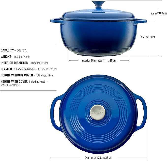 Mercer Culinary Enameled Cast Iron Round Dutch Oven, 6 qt., Navy Blue