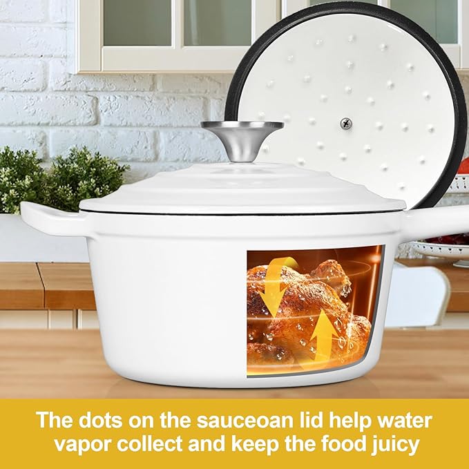 HaSteeL 2 QT Cast Iron Saucepan, Mini Enamel dutch oven with lid, Small Non Stick Pan for Milk, Pasta Tomato Sauce, Butter, Breakfast, Soup, Suitable for Boiling Stewing Frying, Easy to Clean, White