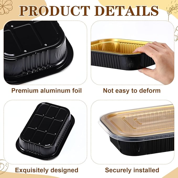 20 Sets 8.7 x 6 Inch Large Loaf Cake Pans with Lids and Spoons Rectangle Aluminum Foil Bread Loaf Baking Pans Disposable big Cake Tins with Clear Plastic Bags and Ribbon, Black Gold, 33.8 oz