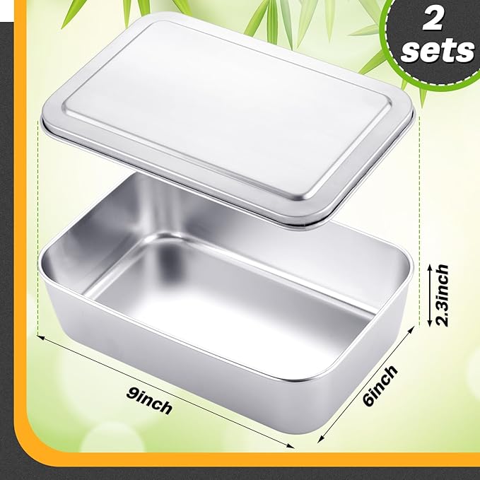 2 Sets Stainless Steel Cake Pan with Lid 6 x 9 Inch Rectangle Bread Loaf Pans with Cover Rectangle Baking Bakeware for Bread Cake Brownies, Dishwasher Safe (Classic Style)