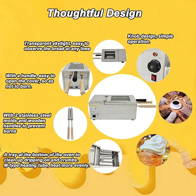 INTBUYING Chimney Cake Machine, Chimney Cake Roll Oven Maker, Stainless Steel Chimney Cake Oven Machine, with 2pcs Baking Tools and Wooden Handles for Commercial and Home Use, 110V