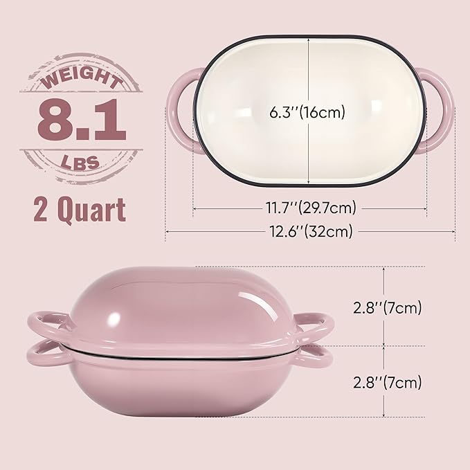 2 QT Oval Dutch Oven for Bread Baking, Enamelled Cast Iron Bread Oven for Sourdough, Sourdough Loaf Pan with Lid, Heavy-Duty Non Stick Bread Pan for Homemade Bread Baking, Pink