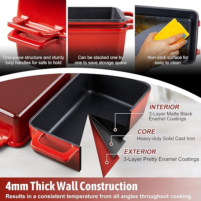 P&P CHEF 2-In-1 9 x 5 Inch Cast Iron Loaf Pan with Lid (Red), Bread Loaf Pans for Baking Homemade Sourdough Bread, Meatloaf, Toast, Cake, Nonstick & Healthy & Sturdy, 2 Piece Set