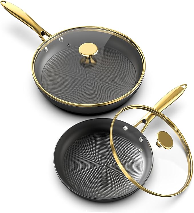 imarku Non Stick Frying Pans, 10 & 12 Inch Cast Iron Skillets with Lids, Frying Pan Set with Honeycomb Texture, Oven Safe & Induction Available, Ideal Kitchen Gift for Home Cooks