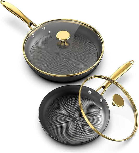 imarku Non Stick Frying Pans, 10 & 12 Inch Cast Iron Skillets with Lids, Frying Pan Set with Honeycomb Texture, Oven Safe & Induction Available, Ideal Kitchen Gift for Home Cooks