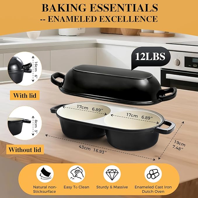 Double Dutch Oven for Sourdough Bread Baking, Enamelled Cast Iron Bread Loaf Pot with Lid, Double Round Loaf Space, 16.5cm Diameter, Mini Double Dutch Oven for Homemade Baking