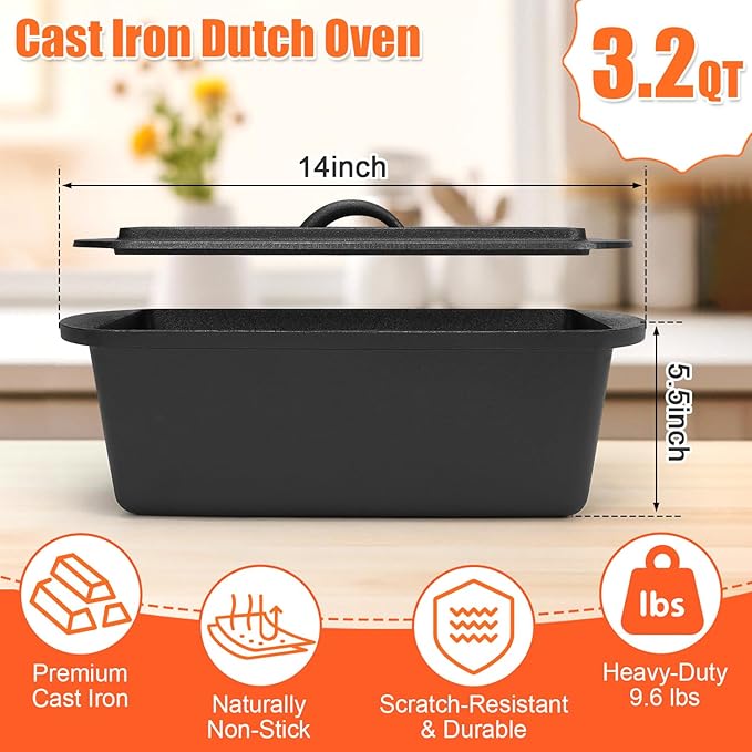 QuliMetal 14×5.5 Bread Loaf Pan, Oval Cast Iron Bread Pan With Lid,Sourdough Artisan Bread Baking Pan, Pre-Seasoned, 3.2QT, With Sourdough Starter Kit, Sourdough Artisan Bread Baking Pan