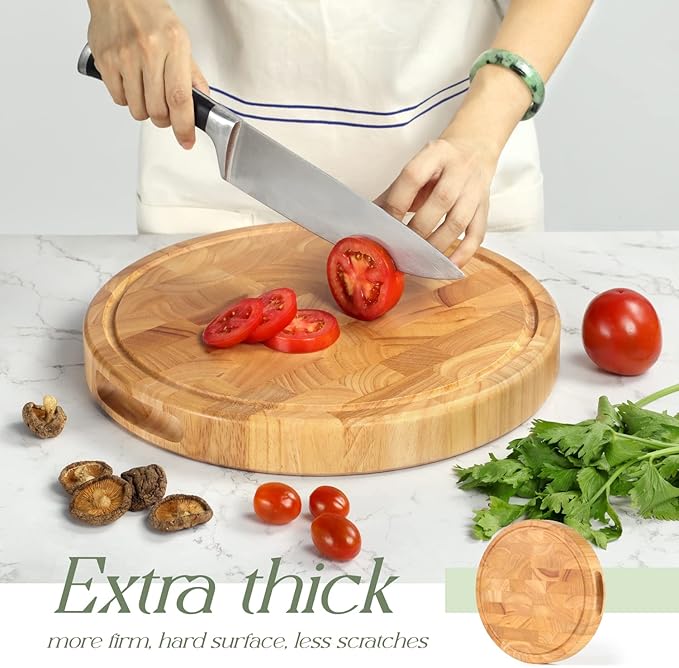Extra Large & Thick Wood Cutting Board 13 x 13 x1.5 Inch, End Grain Built-In Compartment and Juice Canal, Heavy Duty Chopping Board, Thick Carving Board for Bread Fruits (Round: 13 x 13 x 1.5 inch)