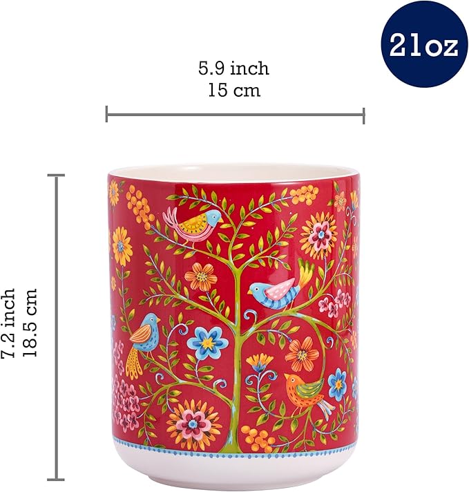 Bico Red Spring Bird Ceramic Utensil Holder Set of 2, Ceramic Kitchen Utensil Crocks for Countertop, Large Cooking Tool Holder Counter Decor, Spatula Organizer