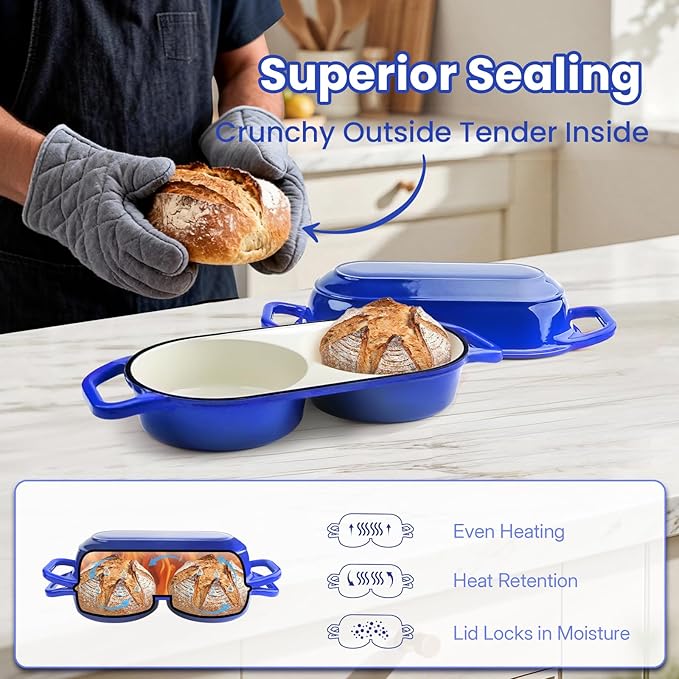 YONILL Mini Double Dutch Oven for Sourdough Bread Baking - Enameled Cast Iron Dutch Oven Pot with Lid and 5" Banneton Bread Proofing Basket Kit, Dual Round Bread Loaf Pan for Homemade Baking (Dark Blue)
