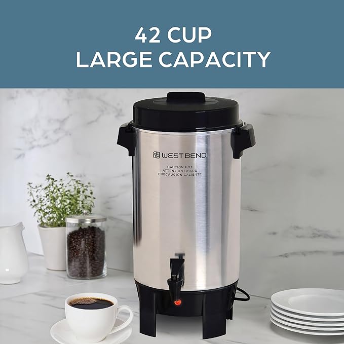 West Bend Coffee Urn Highly-Polished Aluminum Features Automatic Temperature Control with Cup Per Minute Brewing and Easy Clean Up Includes In-Basket Measuring Guide and Ready Light, 42-Cup, Silver