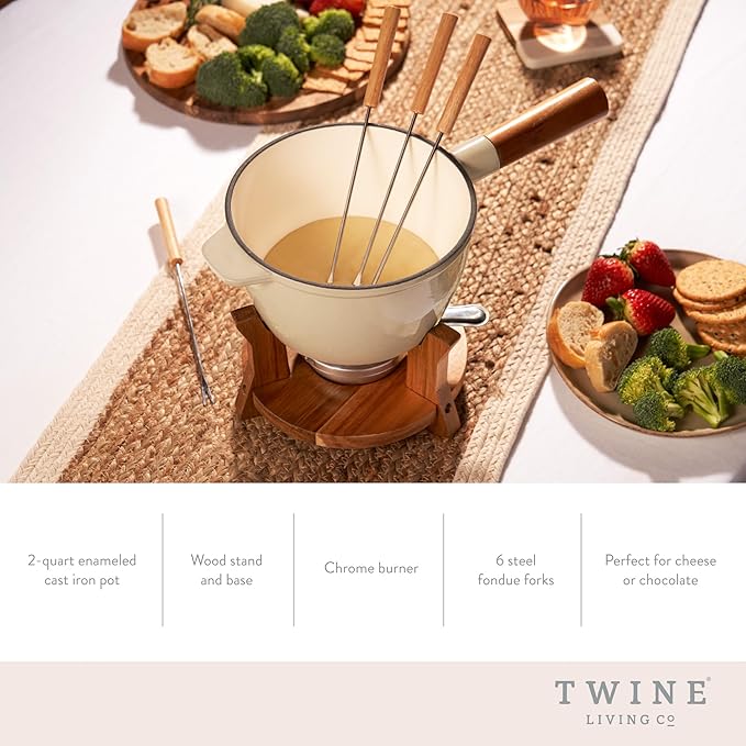 Twine Farmhouse Kitchen Enamel Cast Iron Set Cheese Melting Fondue Pot Metal Stainless Steel Forks and Wood Stand, Beige Set of 1