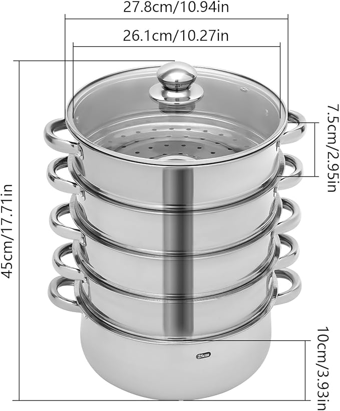 5 Tier Stainless Steel Steam Cooker Steamer Set Pan Cook Pot with Glass Lid USA
