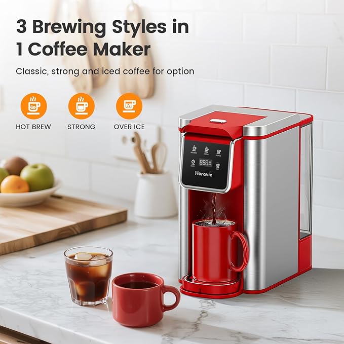 Single Serve Coffee Maker for K-Cup Pod and Grounds, Hot and Iced Coffee Maker, Strong Button Feature, 6 to 14oz Brew Sizes, 50oz Removable Reservoir, Fit 6.5" Mugs, Stainless Steel, Red