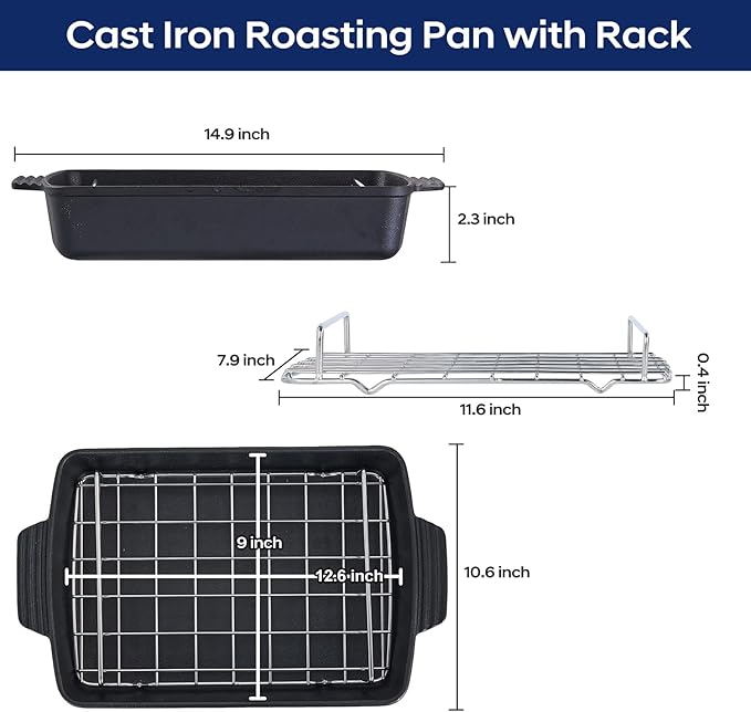 Cast Iron Roasting Pan with Rack, 9 x 12.6 Inch Heavy Duty Turkey Roaster, Induction Compatible Meat Broiler Pan for Stovetop and Oven