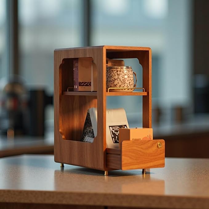 Coffee Station Organizer Wood Coffee Bar Organizer with Drawer Countertop 2 Tier Wood Shelf Storage Accessories for Home Kitchen
