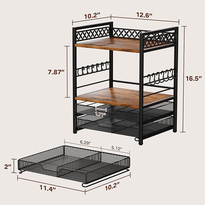 Coffee Bar Organizer Countertop Station Shelf, 4 Tier Mug Cup Holder Stand with 12 Hooks, 30 K Cup Coffee Pod Holder, Multifunctional Coffee Shelf Organizer for Accessories Station Kitchen