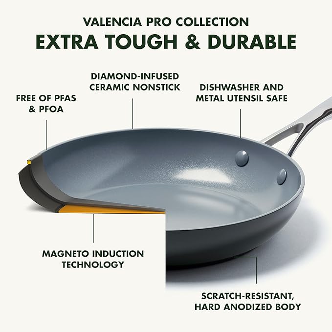 GreenPan Valencia Pro Ceramic Nonstick 10” Frying Pan Skillet with Lid, Hard Anodized PFAS-Free Cookware, Induction Ready & All Cooktops, Eggs & Omelets, Dishwasher & Oven Safe to 600F, Gray