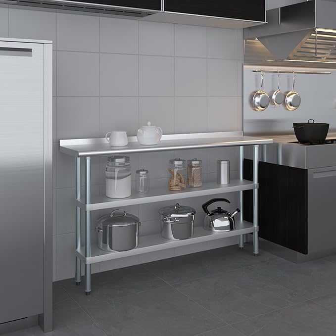 AmGood Stainless Steel Work Table with 1.5" Backsplash and 2 Shelves | Metal Kitchen Food Prep Table | NSF (60" Long x 14" Deep)