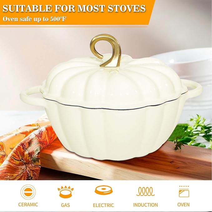 Pumpkin Cast Iron Dutch Oven with Lid, 4.5 QT Heavy-Duty Enameled Pot with Dual Handles, Serves 3-5, Oven Safe for Bread Baking, Braising, Cooking and Family Gifts, White