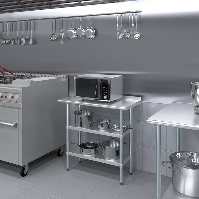 AmGood Stainless Steel Work Table with 1.5" Backsplash and 2 Shelves | Metal Kitchen Food Prep Table | NSF (36" Long x 18" Deep)