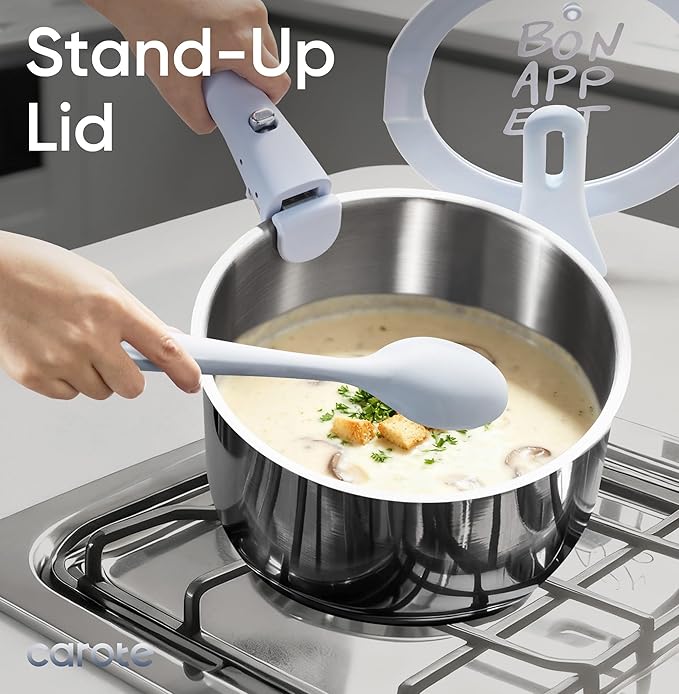 CAROTE 4QT Stainless Steel Sauce Pan with Stand-Up Lid, Nonstick Stainless Steel Pot with Detachable Handle, Non Toxic Kitchen Saucepan, Induction Kitchen Cookware, Oven Safe to 600°F