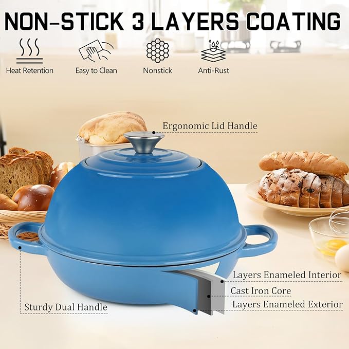 Enameled Cast Iron Bread Oven, Dutch Oven Pot with Lid, 10" Bread Dutch Oven for Sourdough Bread Baking, 6 Quarts Bread Pan with Dome Lid, Non-stick Cookware for Homemade Bread, Blue
