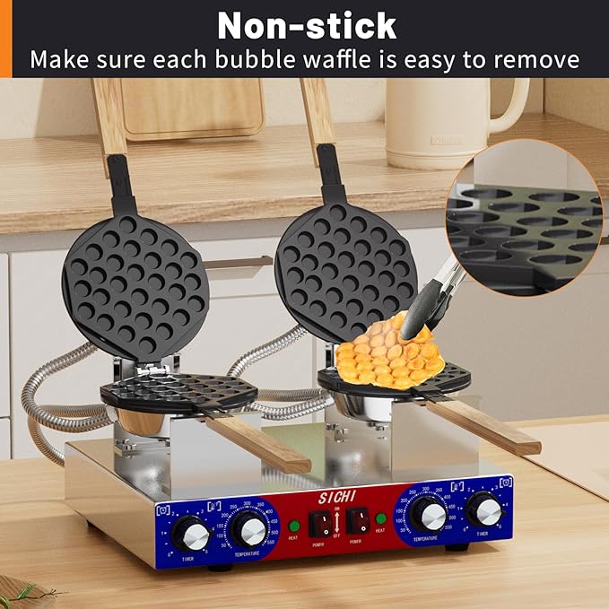 Bubble Waffle Maker - Commercial Egg Waffle Maker w/Two Non-stick Baking Pans, Temperature and Timers, 2800W Professional Bubble Waffle Machine for Double Baking, Hong Kong Egg Waffle Iron
