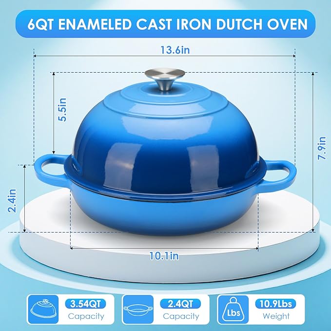LIFERUN 6qt Enameled Cast Iron Dutch Oven for Sourdough Bread Baking, Non-Stick Dome-Shaped Bread Oven Pot with Lid, Silicone Handles and Scraper, Blue