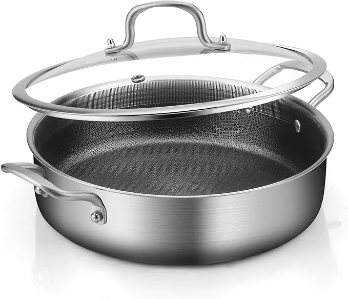Tri-Ply Stainless Steel 7 Quarts Saute Pan, 12 Inch Nonstick Skillet with lids, Fast even Heat cookware, Hybird Large Frying Pan, 18/10 Chef's Cooking Pan, Induction Pan, Dishwasher and Oven Safe