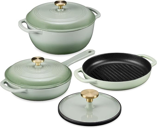 Best Choice Products Non-Stick Pot & Pan Cookware Set, Cast Iron, 2Qt Skillet W/Lid, 10" Grill Or Griddle Pan W/Press, 6Qt Enameled Dutch Oven, Non-toxic, For Cooking & Grilling - Sage