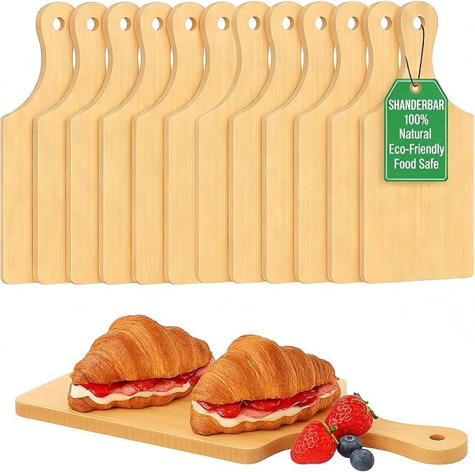 12 Pcs Thicken Bamboo Wooden Cutting Board with Handle,11x5 Inch Hanging Charcuterie Boards Unfinished Wood Cutting Board Blanks Bulk for Crafts,Laser Engraving Wedding Mother's Day Housewarming Gift