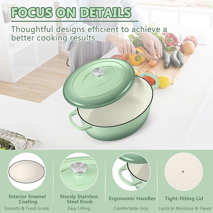 TeamFar 7QT Oval Dutch Oven, Enameled Cast Iron Dutch Oven Pot with Lid, For Bread Baking/Stewing/Braising/Frying, Suitable for Various Stoves, Non-stick & Easy Clean, Pistachio Green