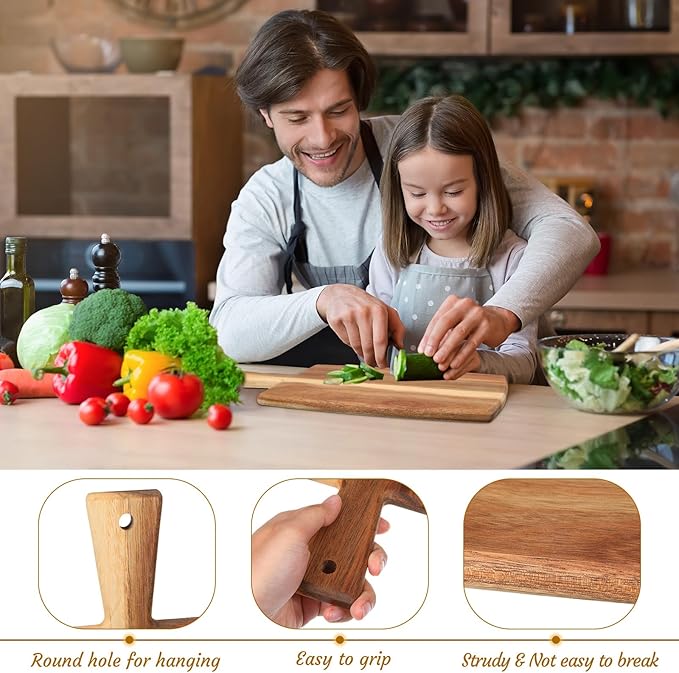 Zhehao 3 Pcs Acacia Wood Cutting Board Set with Handle for Charcuterie Cheese Chopping Serving Board Meat Bread Chopping Board Vegetables Fruit Kitchen Dining Room Decorative Wooden