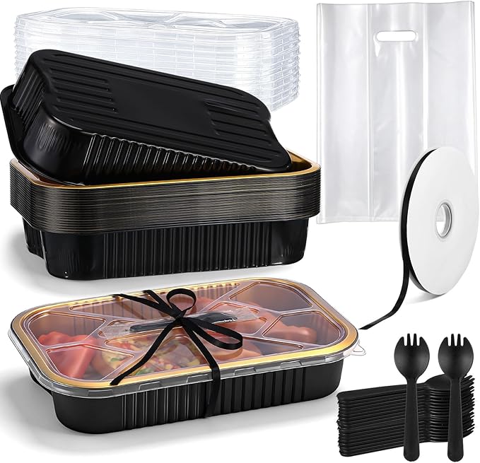 20 Sets 9 x 13 Inch large Loaf Cake Pans with Lids and Spoons Rectangle Aluminum Foil Bread Loaf Baking Pans Disposable big Cake Tins with Clear Plastic Bags and Ribbon, Black Gold, 118.3 oz