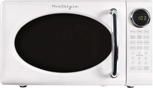 Nostalgia Retro Microwave Oven - 0.7 Cu Ft, 700-Watt Countertop Size with Glass Turntable, Child Safety Lock, 8 Auto-Cook Programs, Digital Clock - White