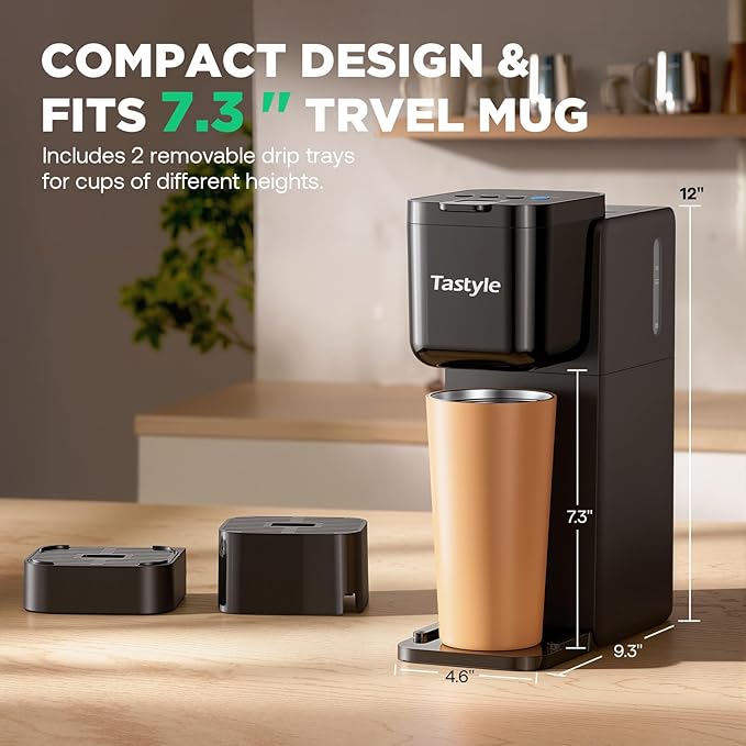 Single Serve Coffee Maker Hot and Iced with Bold Brew, Small Coffee Machine for K Cup and Ground, Fits 7.3'' Travel Mug, Brews up to 16 Oz, 5 Cup Sizes, for Office, RV& Hotel, Elegant Black
