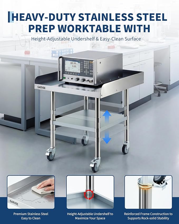 Garvee Stainless Steel Work Table, 30x36x26 Inch Commercial Food Prep Worktable with Wheels, Detachable 3-Sided Backsplash & Height-Adjustable Shelf, Heavy Duty Workbench for Kitchen Restaurant Garage