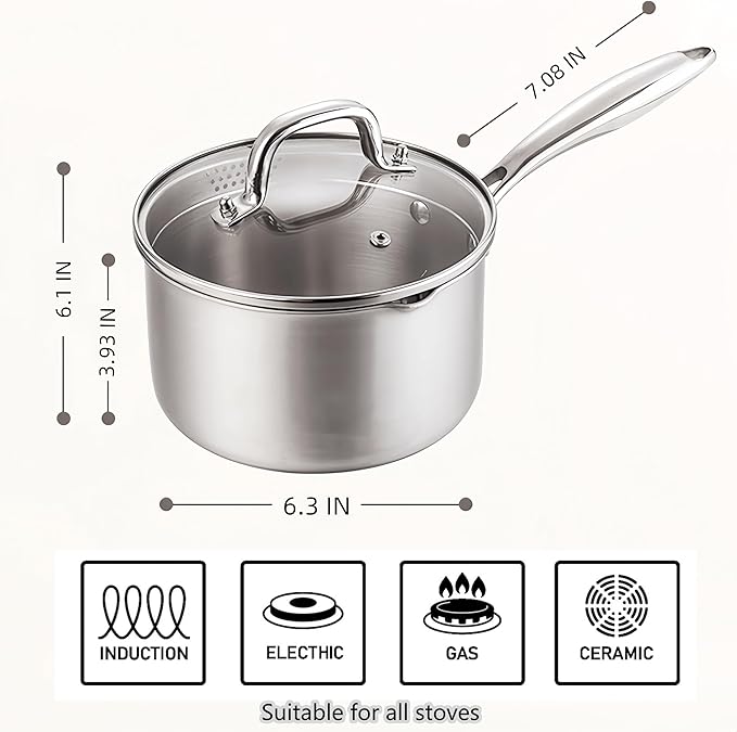 KANGXW 2.0 Quart Stainless Steel Saucepan,With Pour Spout and Filter Glass Lid Milk Pan, Sauce, Gravy, Pasta Stock Pot For All Stovetops
