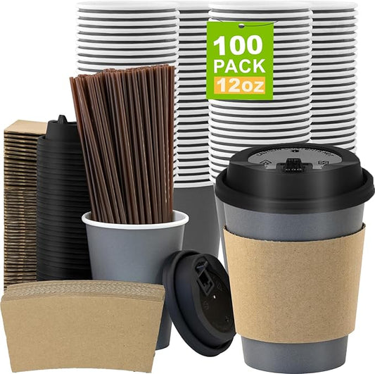 100 Pack 12 oz Disposable Coffee Cups with Lids and Sleeves, Leak-Proof To Go Coffee Cups, PLA Paper Coffee Cups for Hot Beverage