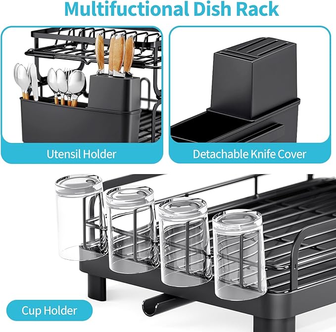 TOOLF Dish Drying Rack,2 Tier Dish Drying Rack with Large Drainboard,Dish Racks for Kitchen Counter and Sink,Stainless Steel Dish Drainers with Cup ＆ Utensil Holders,Black