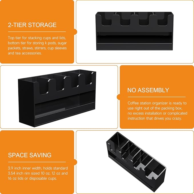 Beego 5-Compartment Cup Holder for Countertop - 2-Tier Black Acrylic Cup Dispenser Coffee Station Paper Cup and Lid Organizer Condiment Storage for Restaurant Breakroom Kitchen Bar Accessories