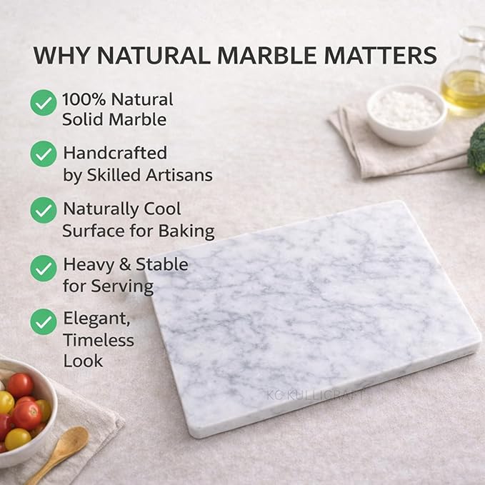 KC KULLICRAFT 8×12 Inches White Marble Cheese & Charcuterie Serving Board – Natural Marble Cutting Board & Pastry Slab with Non‑Slip Feet – Premium Stone Kitchen Tray Gift.