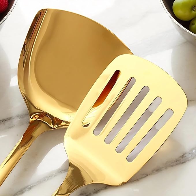 Novellus Stainless Steel Gold Kitchen Utensils Set with Holder, 7pcs Kitchen Accessories for Cooking Includes Soup Ladle, Metal Spatula, Slotted Spoon, Slotted Spatula, Pasta Spoon, White & Gold